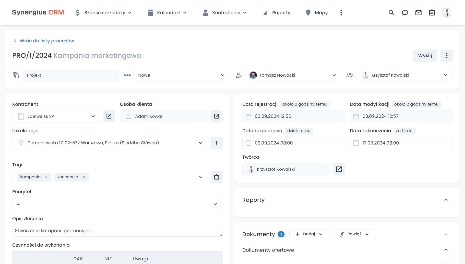 Karta zlecenia marketingowego w systemie CRM