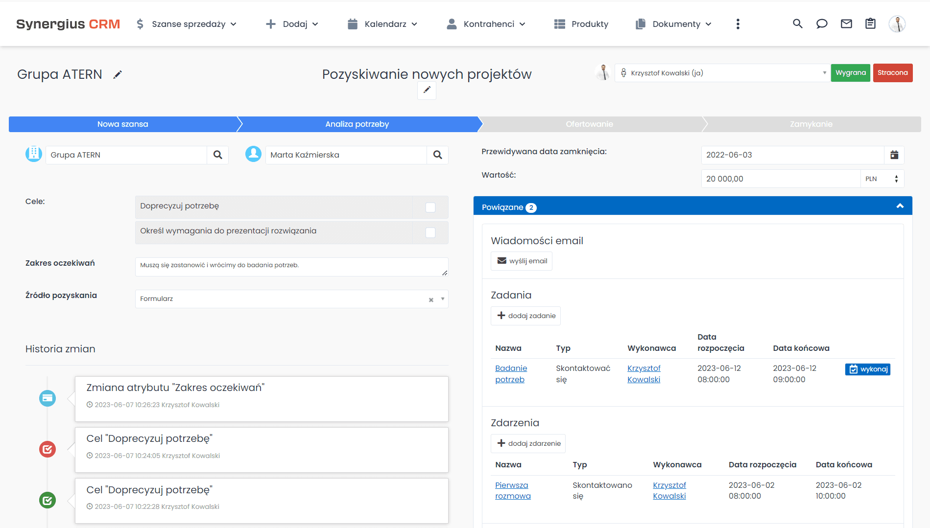 Pozyskiwanie kontraktów z wykorzystaniem historii kontaktów gromadzonej w CRM.
