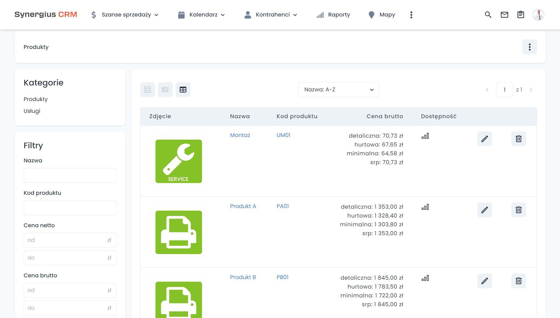 Prezentacja CRM - katalog produktów w systemie Synergius CRM