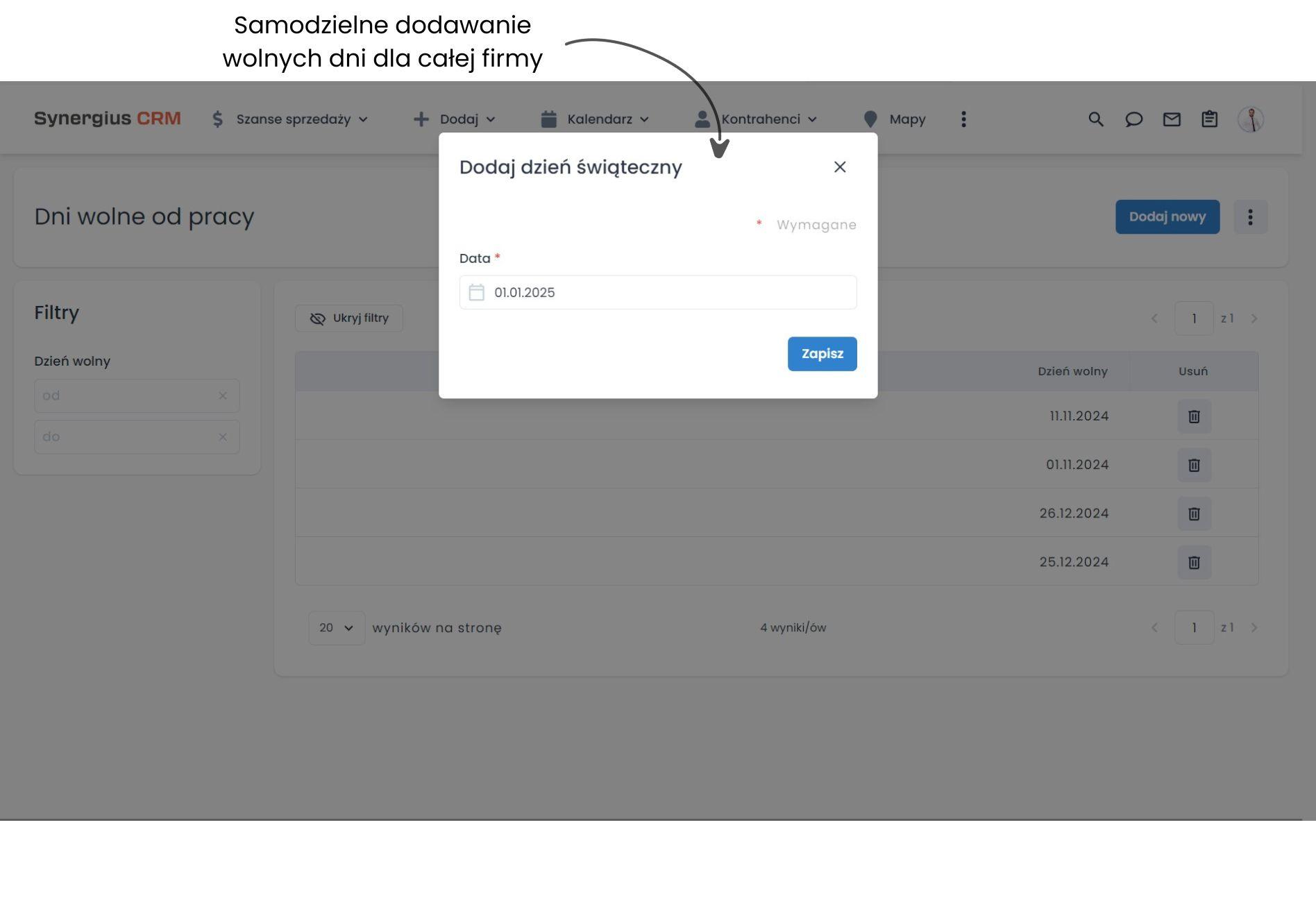 Zarządzanie urlopami - dodawanie dni świątecznych.